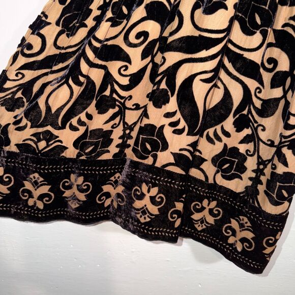 Hale Bob Burnout Velvet Boho Top Tie Shoulder Black Tan Floral Elastic Waist M - Picture 4 of 11